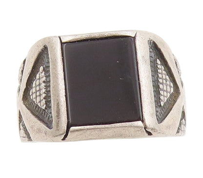 925 Sterling Silver Vintage Ring Onyx Etched Geometric Band  Sz 11.5  RG34001