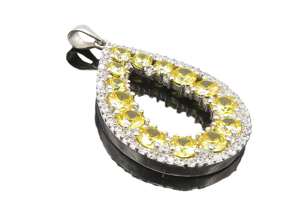 925 Sterling Silver  Shiny Yellow & White Topaz Open Tear Drop Pendant  PT7311