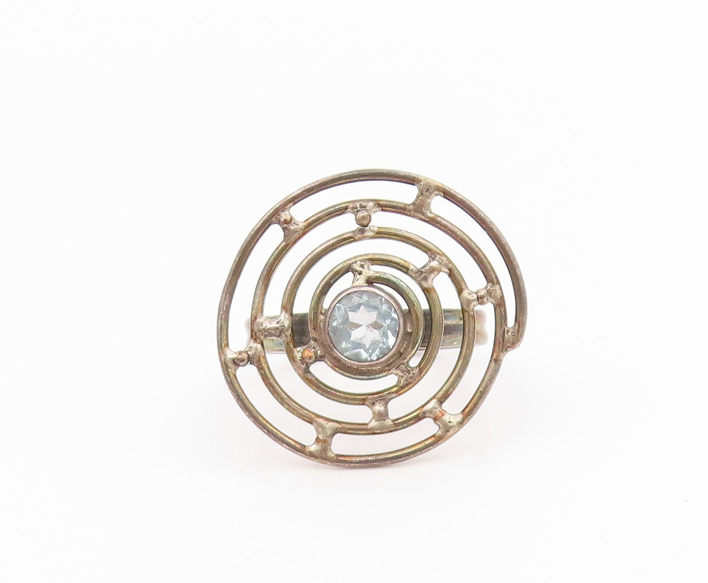 925 Sterling Silver Vintage Ring Blue Topaz Circular Maze Band  Sz 6.5  RG34623