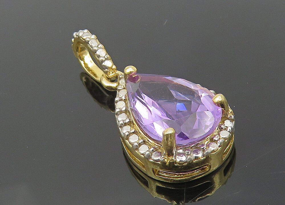 925 Sterling Silver  Amethyst Gold Plated Shiny Tear Drop Pendant  PT9187