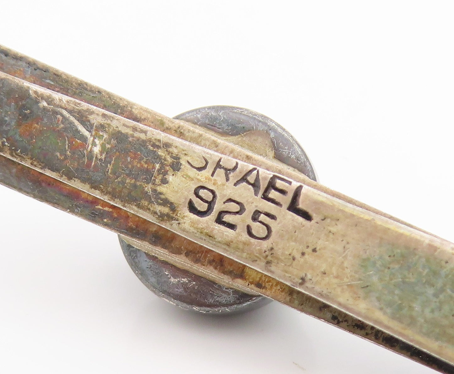 925 Sterling Silver Vintage Tie Clip ISRAEL Round Cabochon Malachite Pin  TR4026