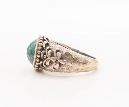 925 Sterling Silver Vintage Ring Round Green Gemstone Swirly Sz 10 RG29719