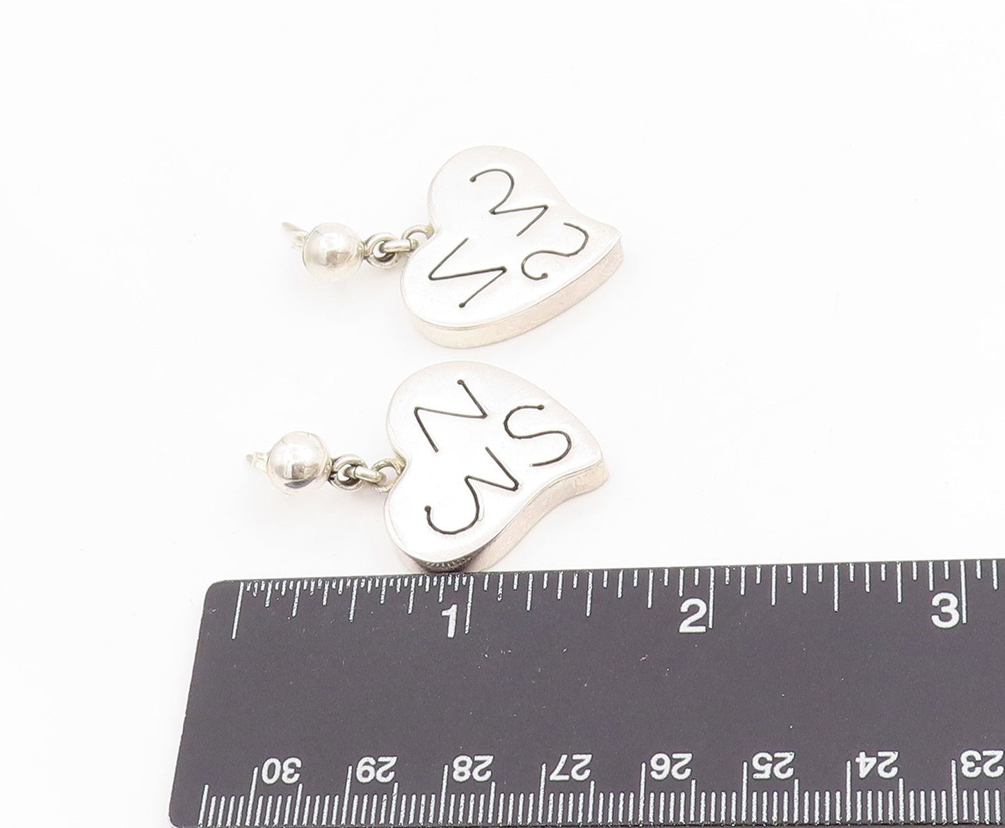 925 Sterling Silver Vintage Earrings MEXICO Carved Initials Love Heart  EG13719