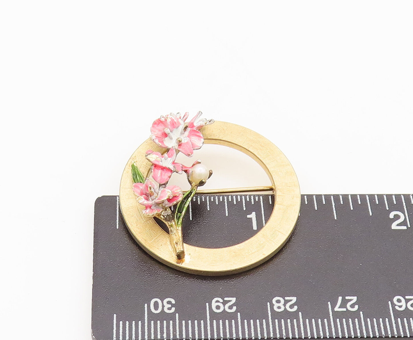 12k GOLD 925 Silver  Vintage Pink Enameled Flower Wreath Brooch Pin  BP10400