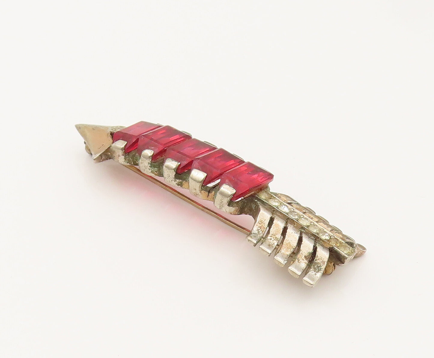 925 Sterling Silver Vintage Antique Red & White Topaz Arrow Brooch Pin BP10265