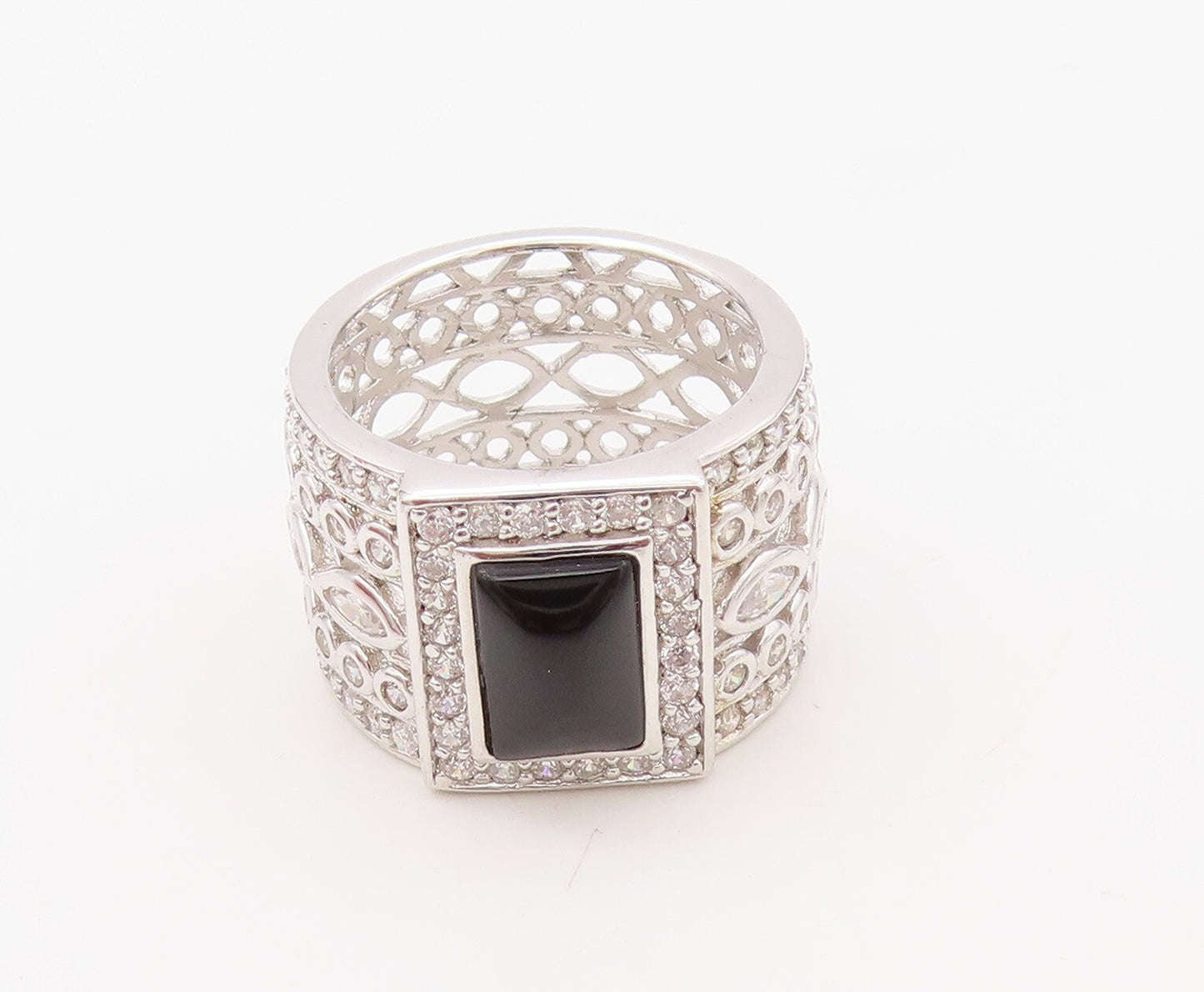 925 Sterling Silver Vintage Ring Designer Broad CZ Band & Onyx  Sz 6.5  RG30574