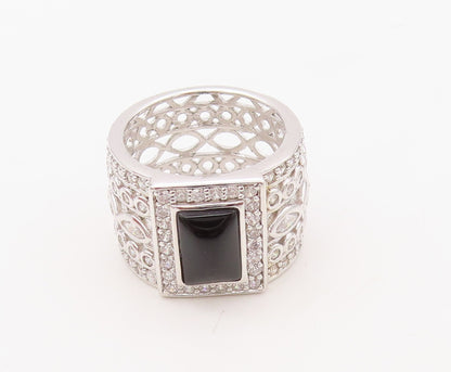 925 Sterling Silver Vintage Ring Designer Broad CZ Band & Onyx  Sz 6.5  RG30574