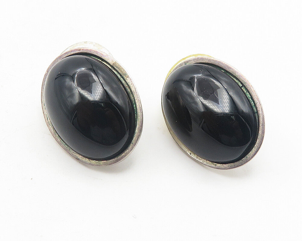 925 Sterling Silver  Vintage Cabochon Cut Black Onyx Drop Earrings  EG5988