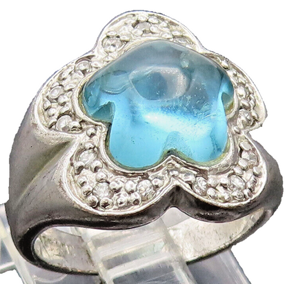 925 Silver  Vintage Aquamarine Floral Cut Halo Diamond Ring Sz 5.75  RG26856