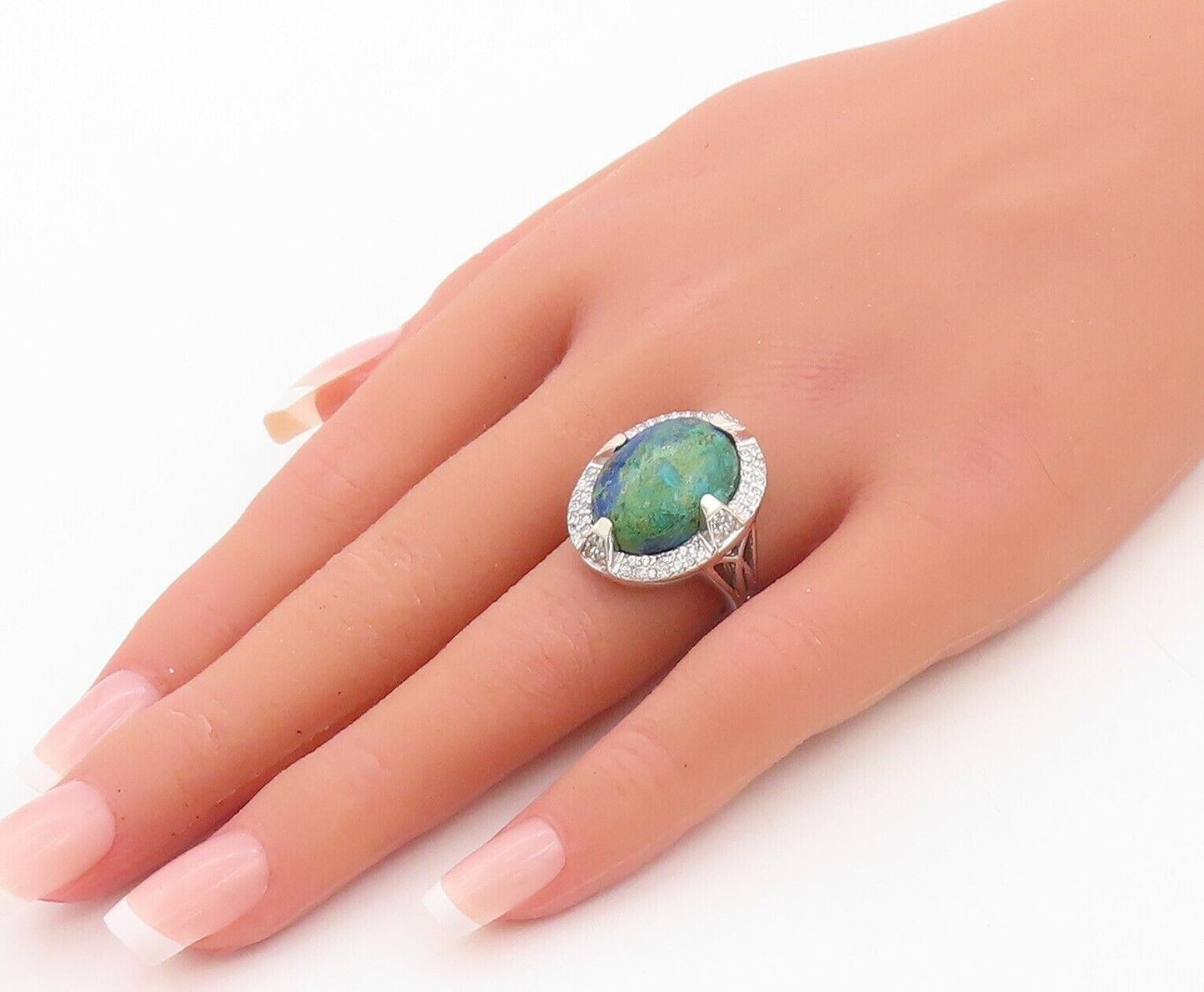 925 Sterling Silver Vintage Ring Oval Cabochon Azurite Halo Topaz  Sz 7  RG30130