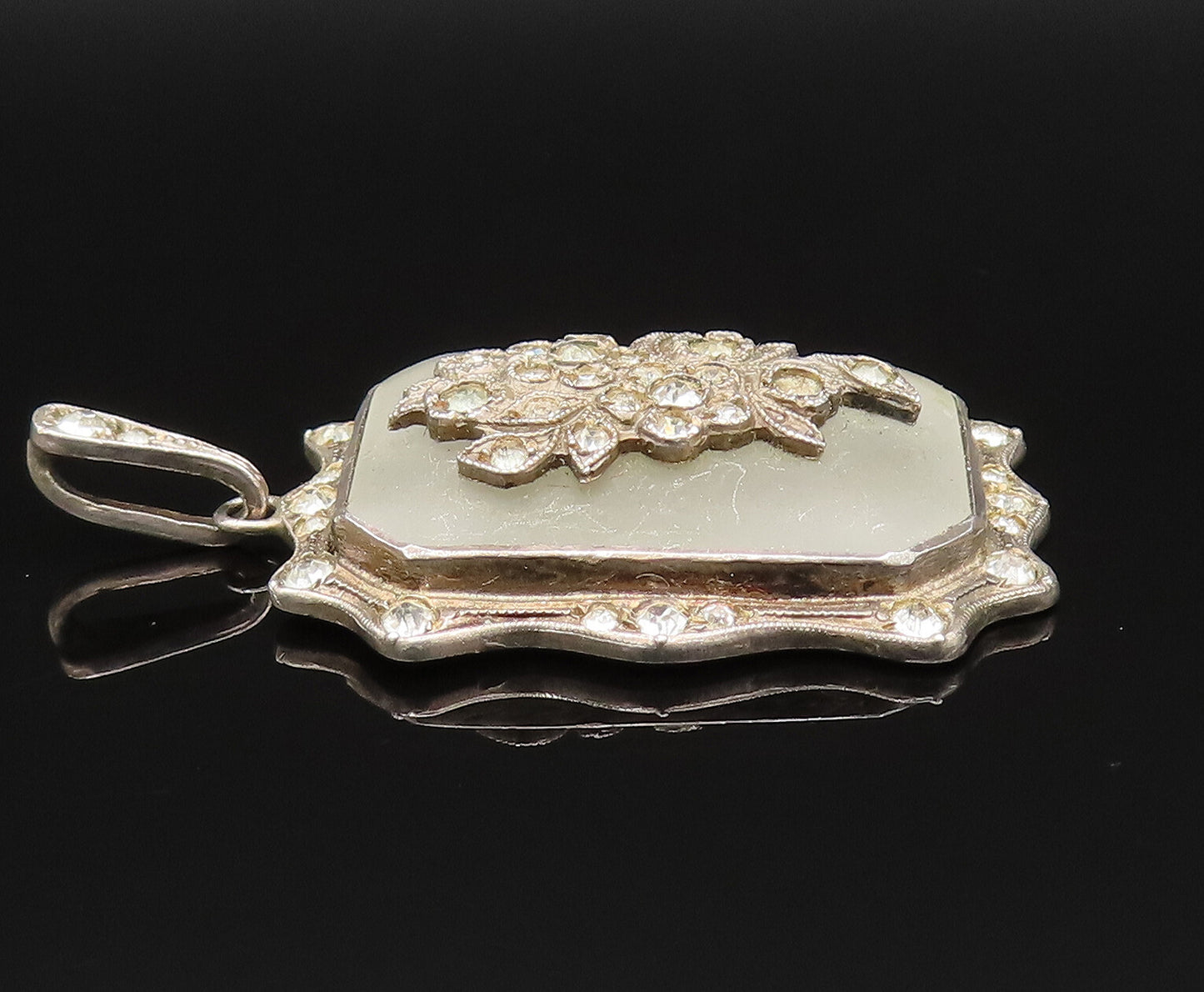 925 Sterling Silver  Vintage Antique Floral Cubic Zirconia Pendant  PT20949