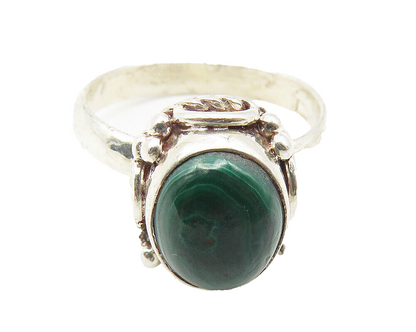 925 Sterling Silver  Vintage Cabochon Cut Malachite Band Ring Sz 7  RG11453
