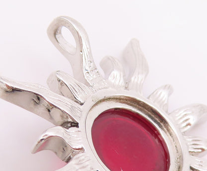 925 Sterling Silver Vintage Pendant Cabochon Ruby Sunburst Cutout Charm  PT26256