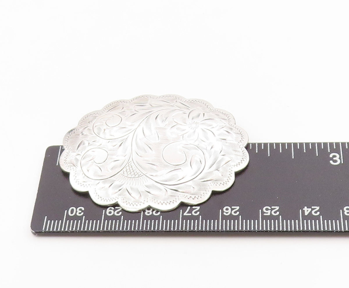 925 Sterling Silver Vintage Brooch Engraved Swirly Floral Scalloped Pin  BP12106