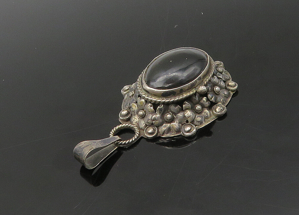 MEXICO 925 Sterling Silver  Vintage Cabochon Cut Black Onyx Pendant  PT17856