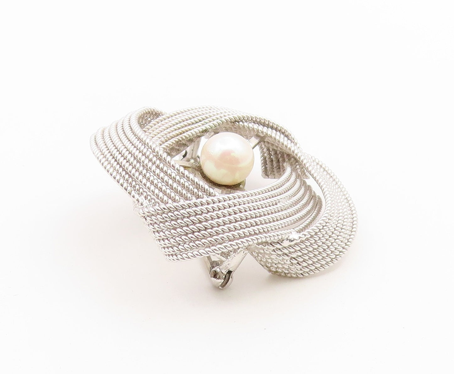 925 Sterling Silver Vintage Brooch Pin Pearl Textured Mesh Wire Swirl  BP12648
