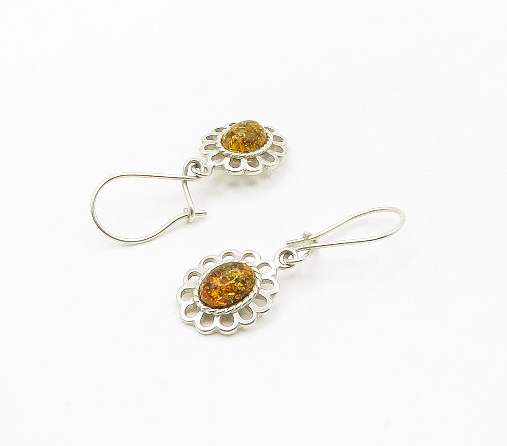 925 Sterling Silver  Cabochon Cut Amber Floral Motif Dangle Earrings  EG8407