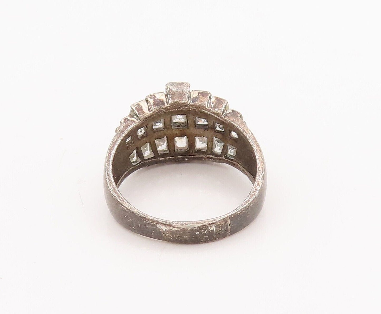 925 Sterling Silver Vintage Ring Square Cut CZ Beaded Bands  Sz 8.5  RG28468