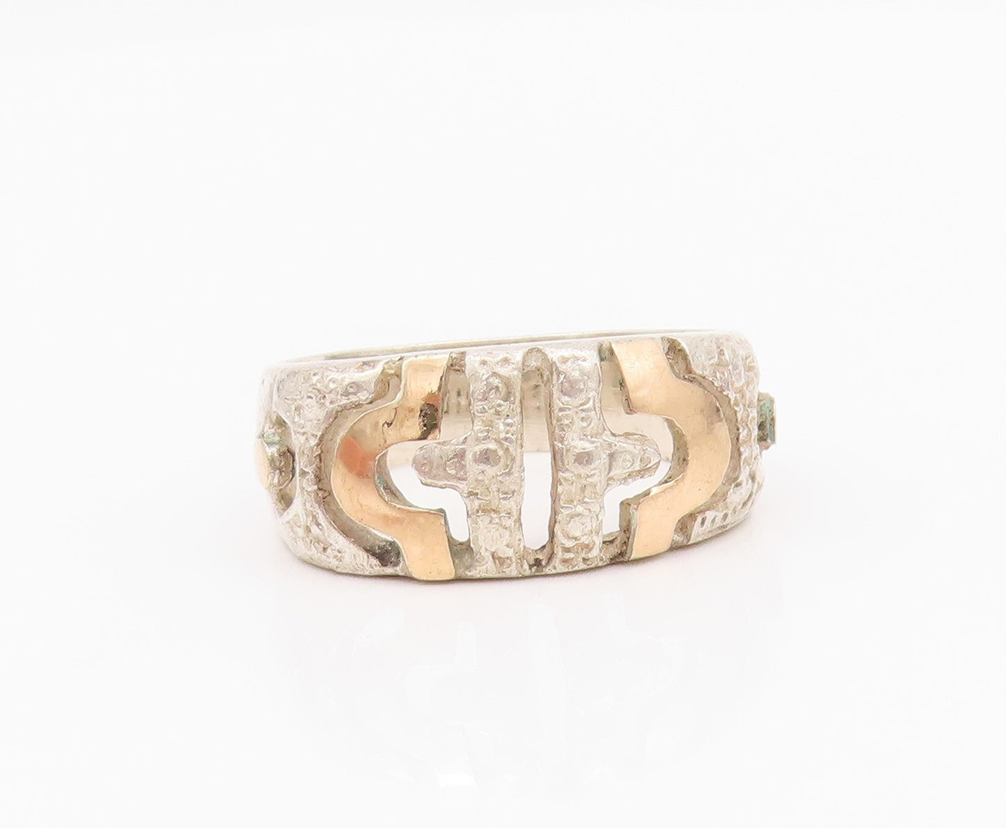 18k Gold 925 Sterling Silver Vintage Ring Cutout  Meander Pattern Sz 7.5 RG33079