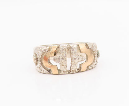 18k Gold 925 Sterling Silver Vintage Ring Cutout  Meander Pattern Sz 7.5 RG33079