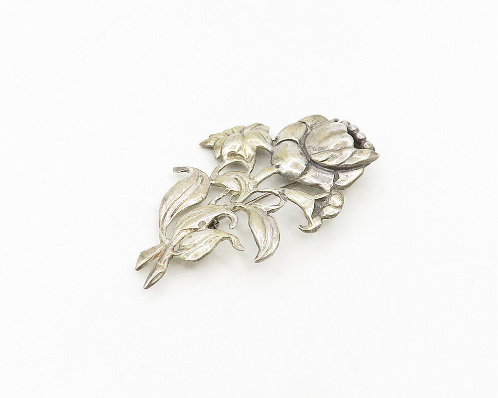 925 Sterling Silver  Vintage Antique Shiny Blooming Flowers Brooch Pin  BP7380