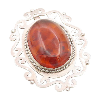 925 Sterling Silver Vintage Brooch Large Cabochon Honey Amber Scroll Pin BP12278