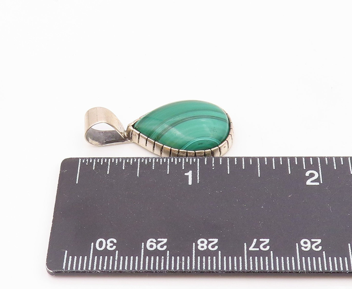NAVAJO 925 Sterling Silver Vintage Pear Shaped Malachite Drop Pendant PT20197