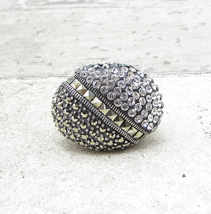 925 Sterling Silver  Crystals & Marcasite Cluster Oval Band Ring Sz 6  RG1564