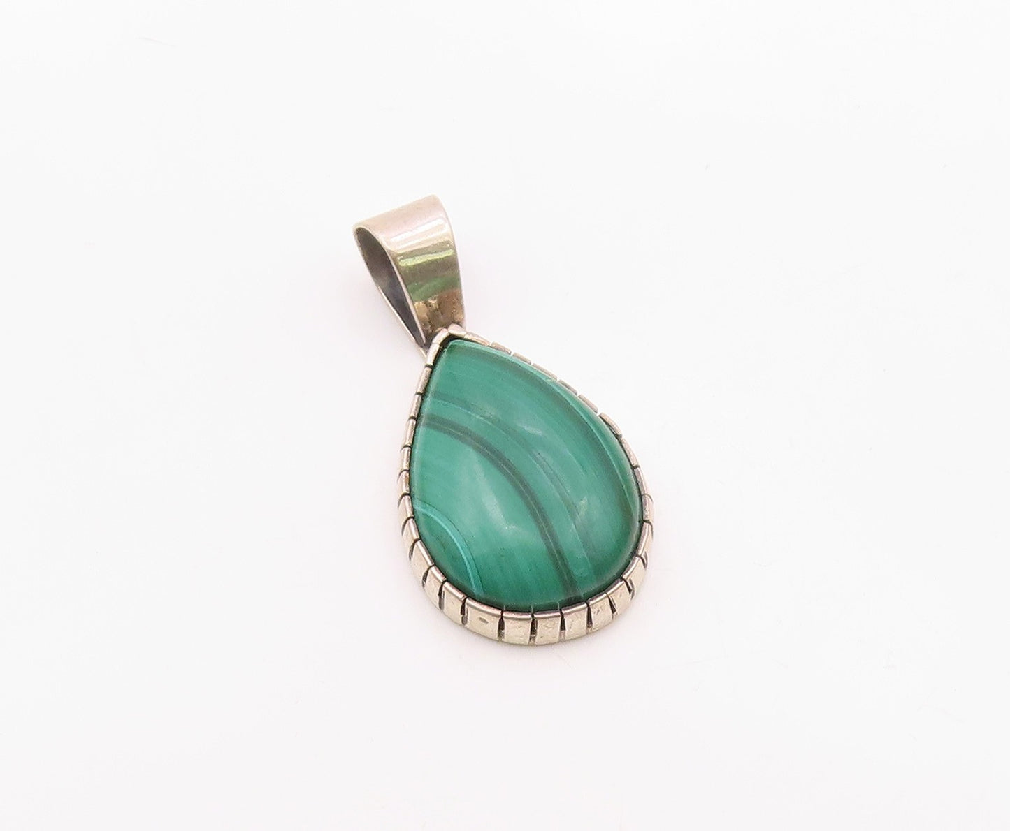 NAVAJO 925 Sterling Silver Vintage Pear Shaped Malachite Drop Pendant PT20197