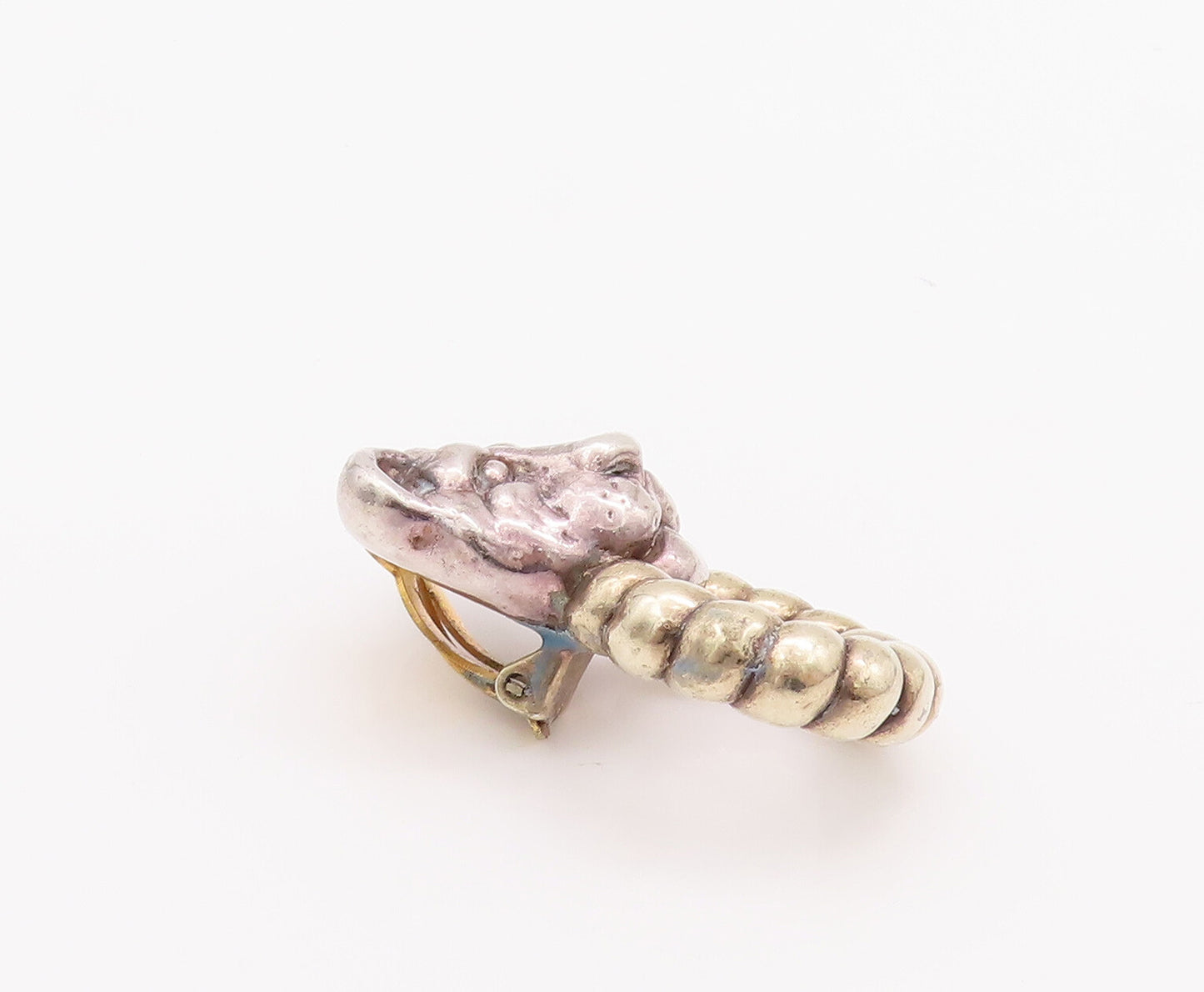 925 Sterling Silver Vintage Earrings Carved Leopard With Ring In Mouth   EG12996