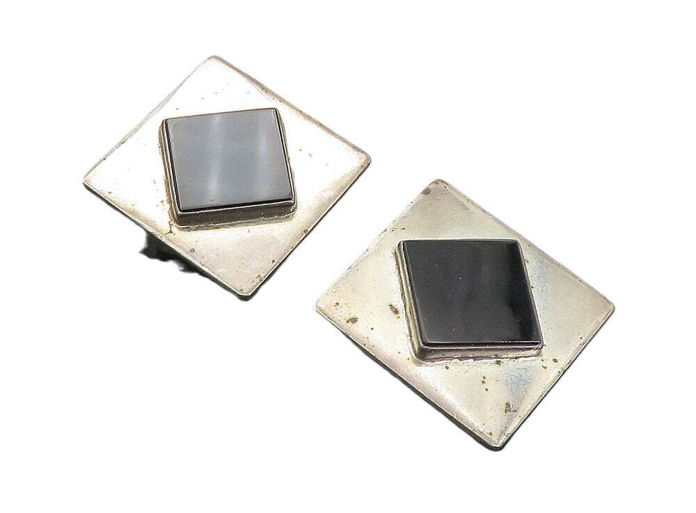 925 Sterling Silver  Vintage Black Onyx Square Non Pierce Earrings  EG4297