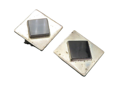 925 Sterling Silver  Vintage Black Onyx Square Non Pierce Earrings  EG4297