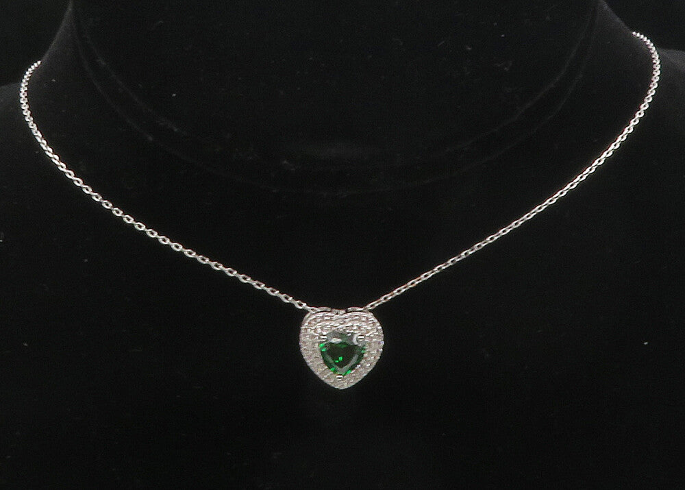 925 Sterling Silver  Green & White Topaz Love Heart Chain Necklace  NE2056