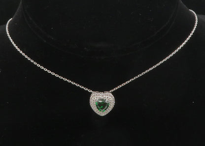 925 Sterling Silver  Green & White Topaz Love Heart Chain Necklace  NE2056