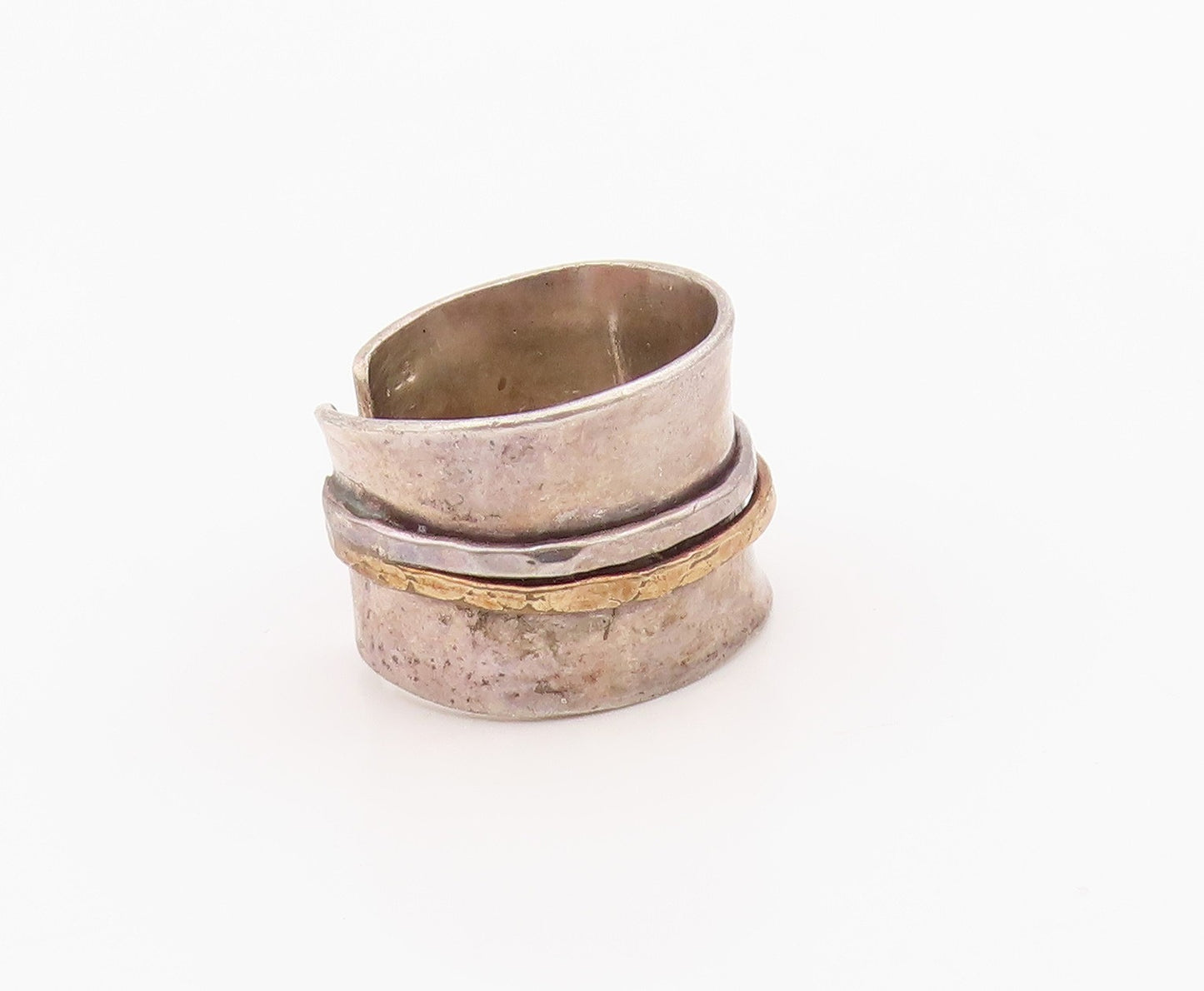925 Sterling Silver Vintage Ring Two Tone Hammered Wide Band  Sz 6.5  RG36300