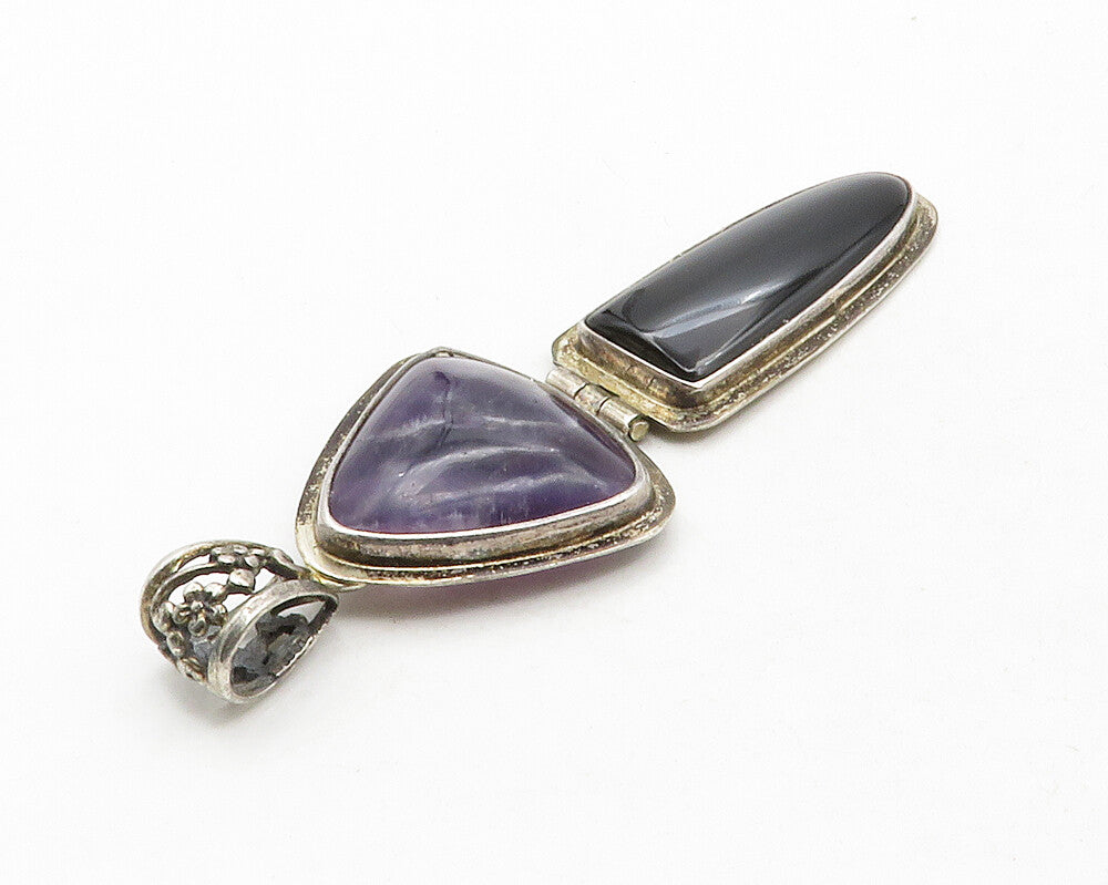 925 Sterling Silver  Vintage Amethyst & Black Onyx Hinge Drop Pendant  PT9963
