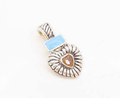 925 Sterling Silver Vintage Pendant Solid Gemstone Inlay Grooved Heart  PT23898