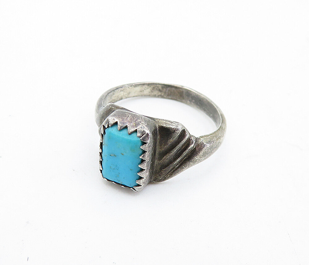 NAVAJO 925 Sterling Silver  Vintage Turquoise Dark Tone Band Ring Sz 5  RG5516