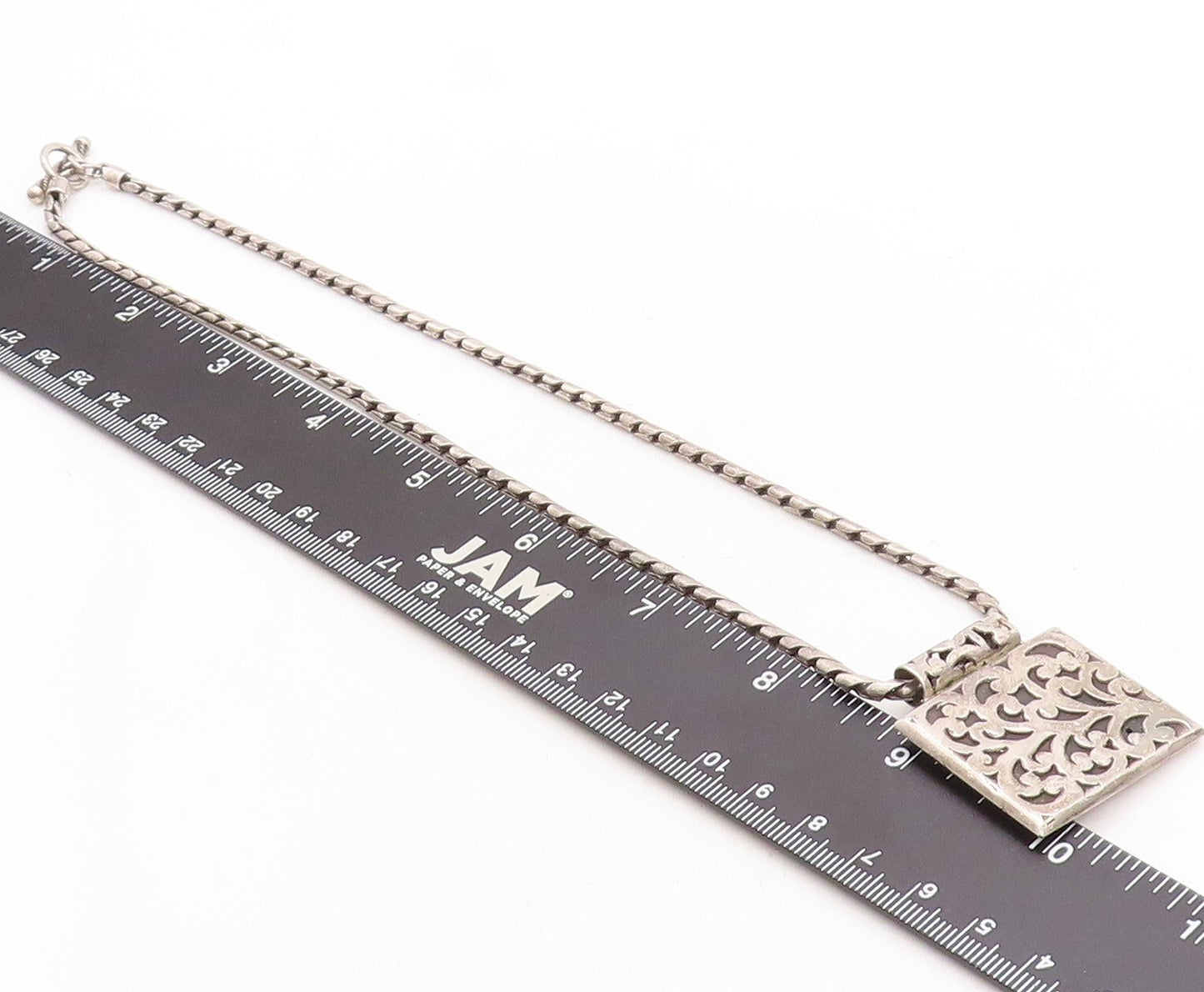 925 Sterling Silver Vintage Necklace Dark Tone Swirly Carved Square  NE4385