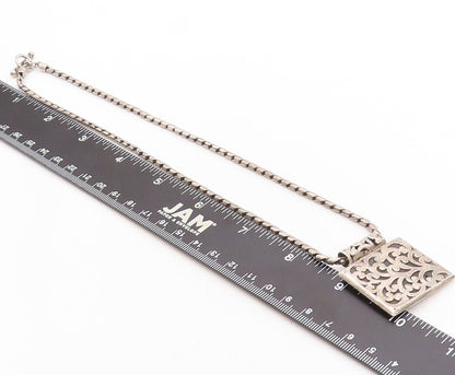 925 Sterling Silver Vintage Necklace Dark Tone Swirly Carved Square  NE4385