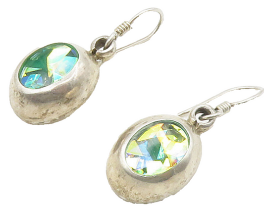 MEXICO 925 Sterling Silver  Vintage Shiny Glass Art Oval Drop Earrings  EG7845