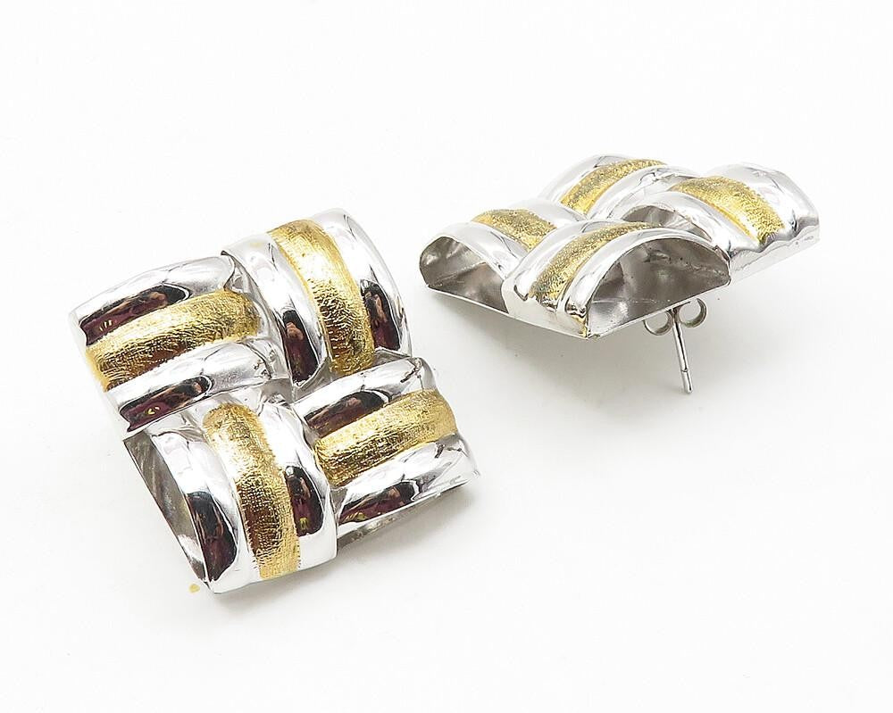 925 Sterling Silver  Shiny Two Tone Textured Square Drop Earrings  EG5780