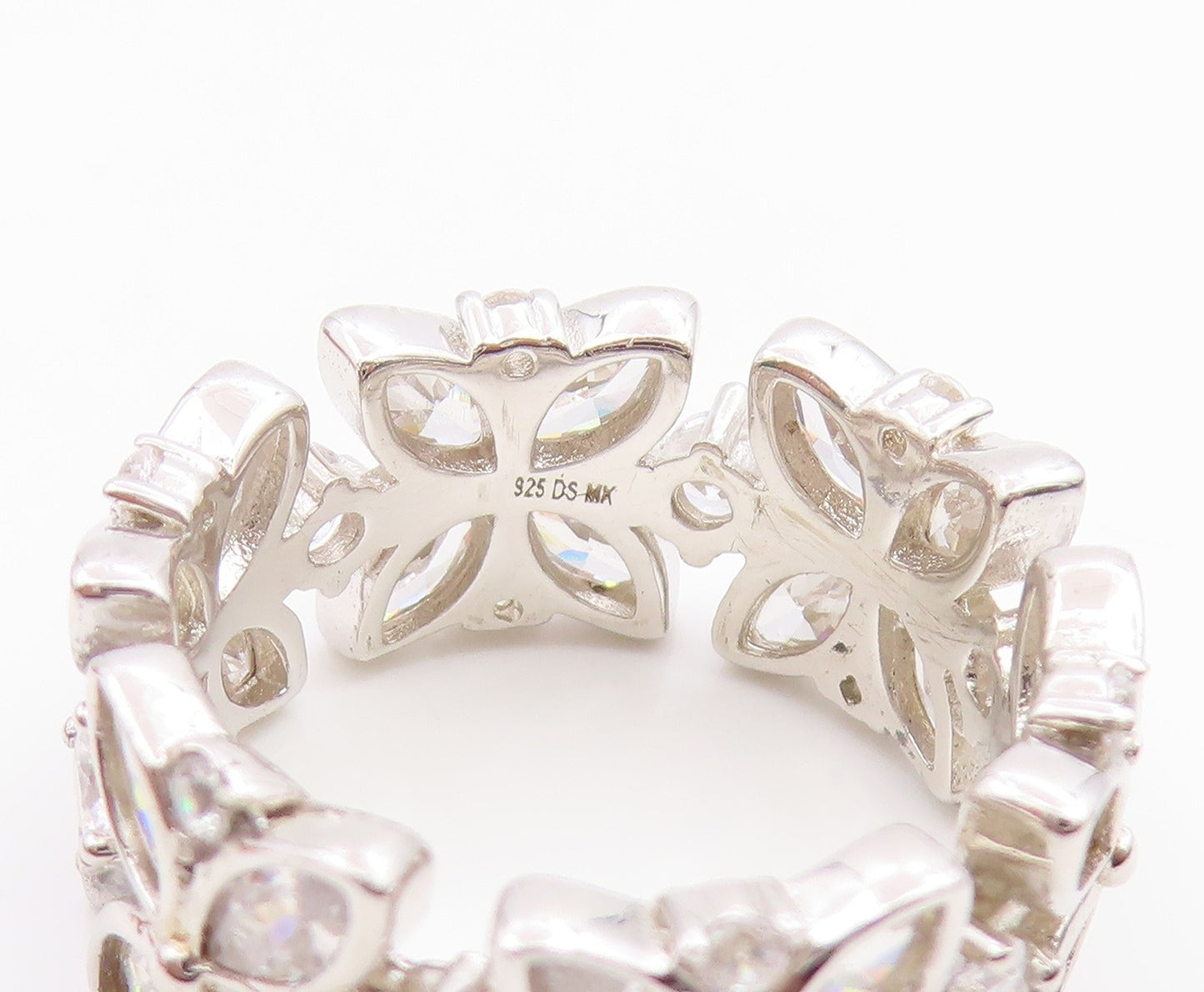 925 Sterling Silver Vintage Ring CZ Elegant Floral Eternity Band Sz 7.5  RG35870