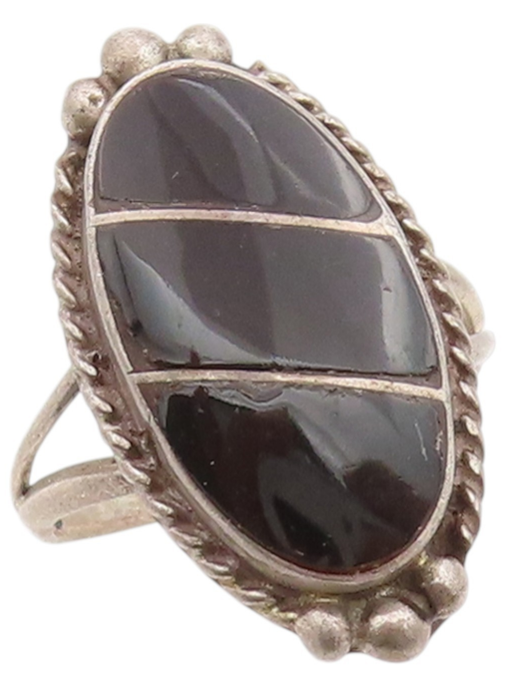 925 Sterling Silver Vintage Ring Onyx Inlay Rope Carved Frame  Sz 6  RG33378