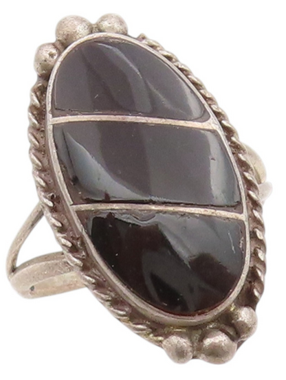 925 Sterling Silver Vintage Ring Onyx Inlay Rope Carved Frame  Sz 6  RG33378