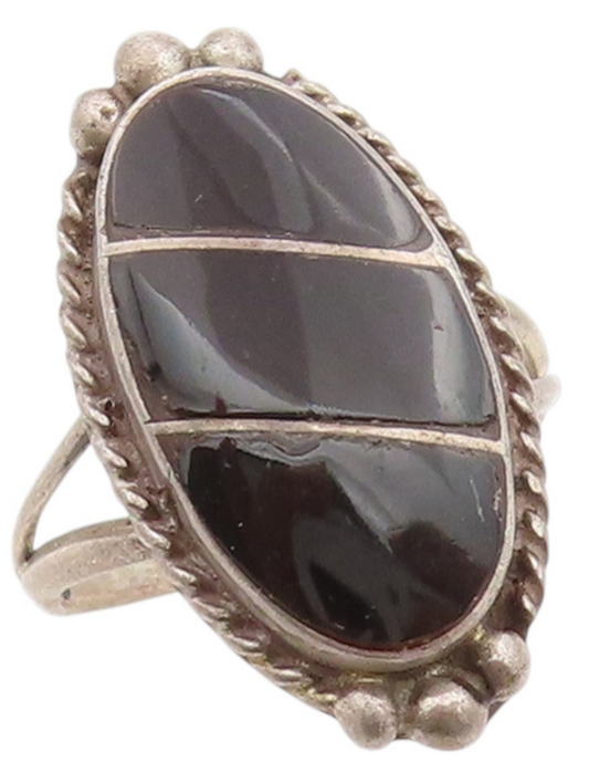 925 Sterling Silver Vintage Ring Onyx Inlay Rope Carved Frame  Sz 6  RG33378