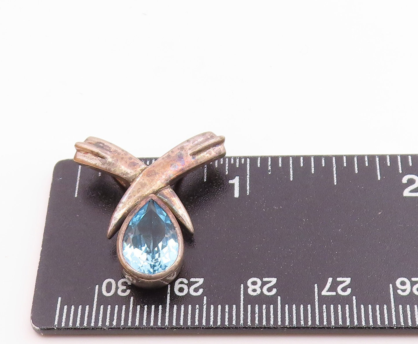 925 Sterling Silver  Vintage Tear Drop Blue Topaz Crossed Pendant  PT18483