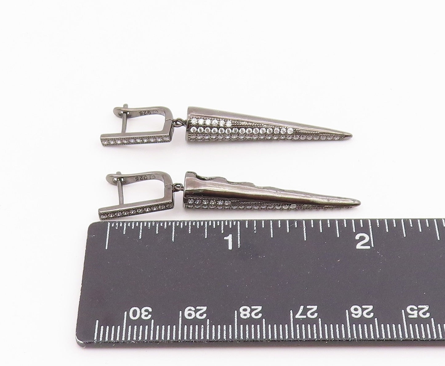 925 Sterling Silver Vintage Earrings CZ Dark Tone Geometric Cone Dangle  EG14222
