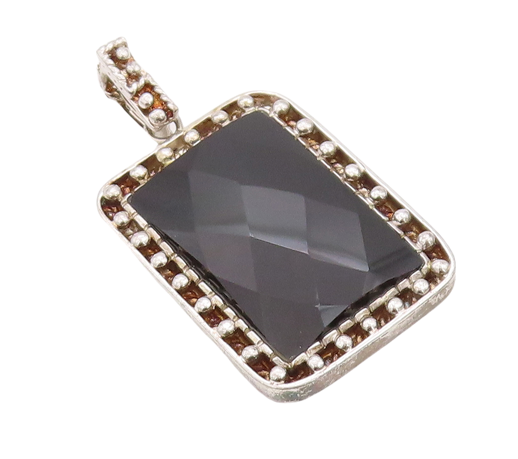 925 Sterling Silver Vintage Pendant Rectangle Cut Onyx Beaded Frame  PT23501