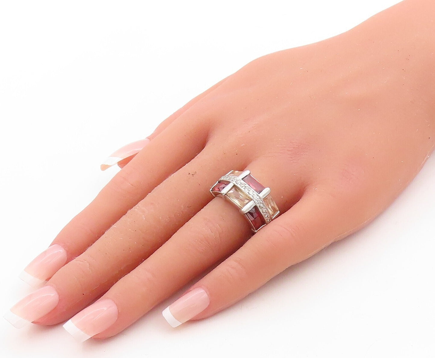 925 Sterling Silver Vintage Ring Rectangle Three Tone Topaz Inlay  Sz 7  RG31416